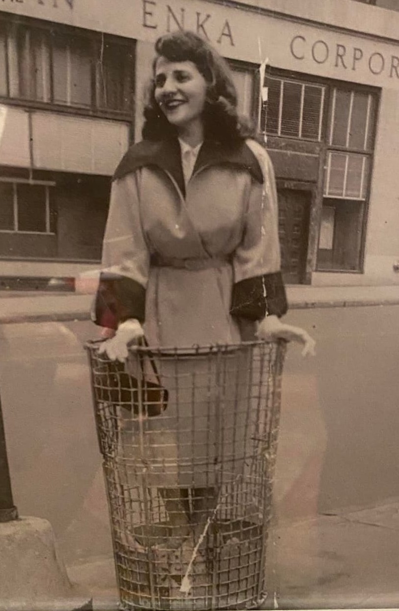 Grandma Sylvia standing in a trash can